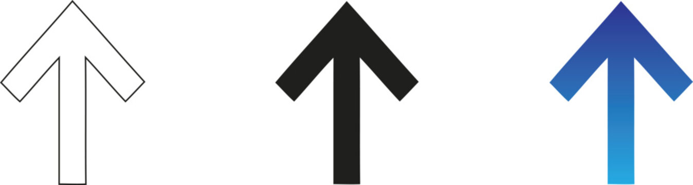 A set of three distinct directional up arrow icon variations featuring a linear outline design, a solid matte black graphic, and a smooth blue gradient digital element