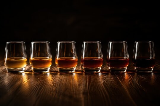 Rows of small glasses filled for a tasting flight at a dark bar