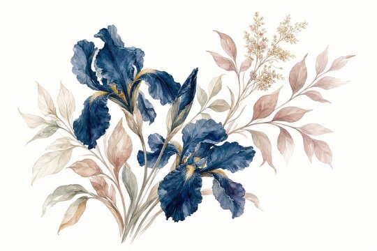 Delicate watercolor illustration featuring deep blue iris blossoms surrounded by soft pink and beige foliage on a white background.