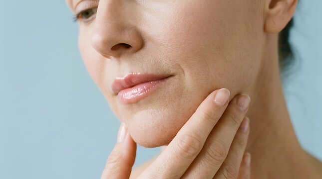 Close up of mature woman with aging skin and fine wrinkles, showing natural texture of aging skin for dermatology care and beauty products for aging skin.