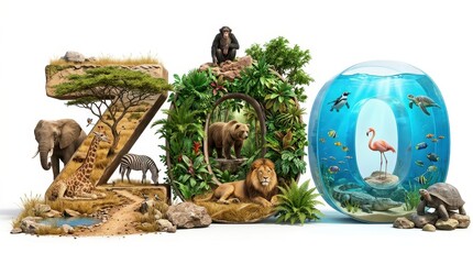 Naklejka premium Creative 3D Zoo Typography Featuring Wild Animals in Savanna Jungle and Aquatic Habitats Isolated on White