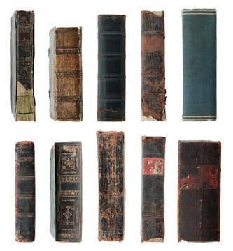 Set of ancient book spines isolated on transparent background. Vintage historical book collection for library, literature, education, publishing and archival concepts