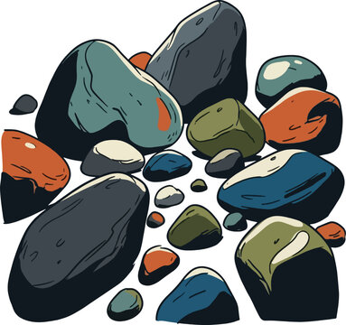 Group colorful river pebbles textured surface vector illustration isolated white background professional design element