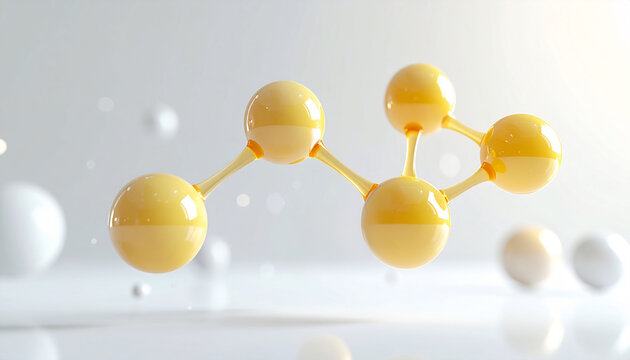 透明感のある黄色い美容成分の分子モデル、先端スキンケア研究と化粧品科学の3Dイメージ Transparent yellow cosmetic ingredient molecular model, 3D image of advanced skincare research and cosmetic science