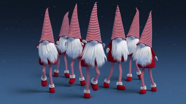 Festive holiday season 3D loop character animation of Santa elves army dancing in snowfall winter celebration background.