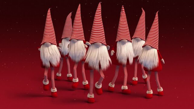 Festive holiday season 3D loop character animation of Santa elves army dancing in snowfall winter celebration background.