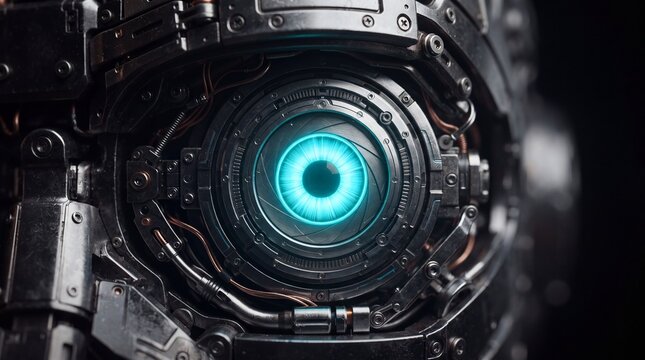 Close up of a complex mechanical robot eye with intricate metal plates, gears, and a ad social media download thambnail poster web template event festival 2026 2027 2028