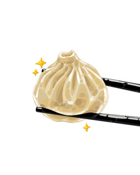 Delicious hot Chinese soup dumpling held with black chopsticks illustration isolated on white background. Tasty traditional Asian dim sum vector clipart