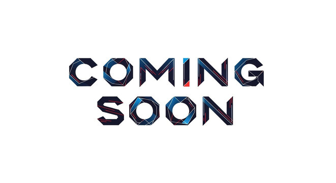 Coming soon typography with glitch art effect, abstract blue and red digital distortion, futuristic design element, tech-style text overlay with wave artifacts, modern logo concept
