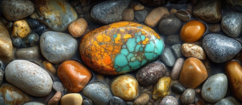 Vibrant multicolored gemstone surrounded by smooth river rocks.