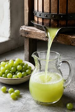 Verjuice pressed from unripe green grapes into a jug