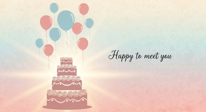 Vintage pastel greeting card with tiered wedding cake and balloons. Retro pink and blue celebration illustration.