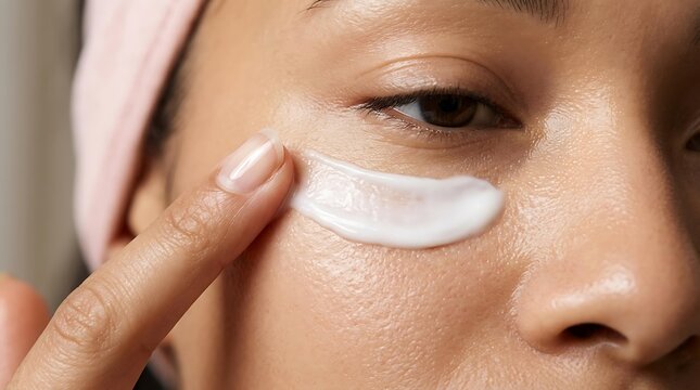 Close up of a young woman applying eye cream under her eye, using nourishing eye cream for daily skincare routine to improve skin with quality eye cream for hydration.