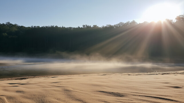 Morning sunlight streams through the forest onto the river creating beams, with a sandy bank in the foreground and mist hovering over the water.