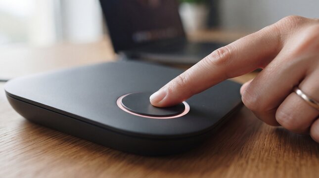 Close-up of a person's finger pressing a glowing circular button on a flat black electronic ad social media download thambnail poster web template event festival 2026 2027 2028