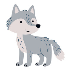 Fototapeta premium Cute wolf isolated on white background. Flat vector illustration of a friendly woodland animal with gray fur, fluffy tail and simple cartoon design for children. Vector illustration
