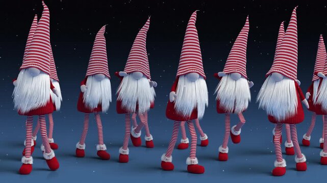 Festive holiday season 3D loop character animation of Santa elves army dancing in snowfall winter celebration background.