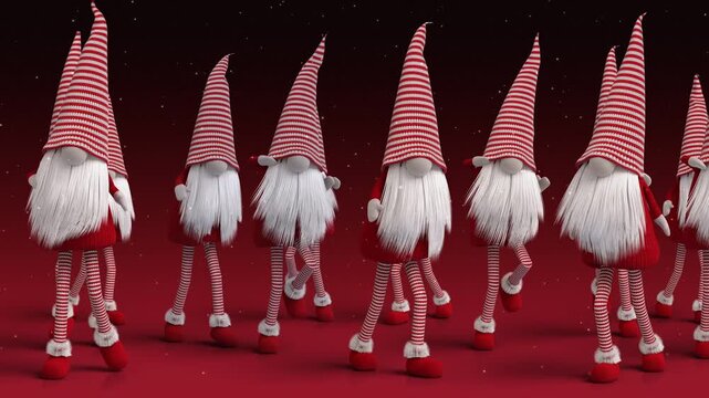 Festive holiday season 3D loop character animation of Santa elves army dancing in snowfall winter celebration background.
