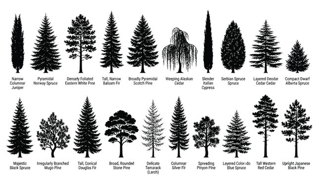 Set of various evergreen tree silhouettes including spruce, pine, fir, cedar, and cypress species