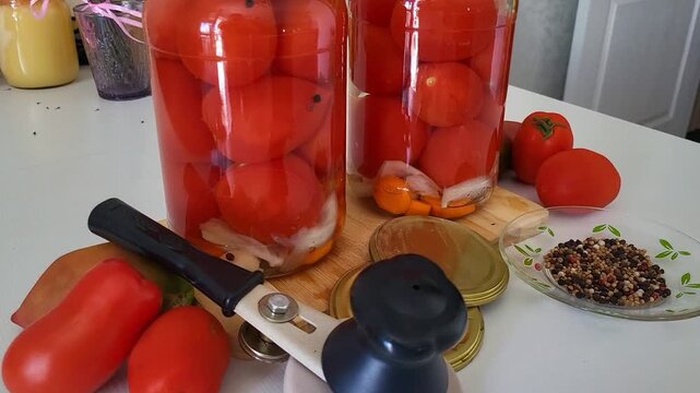 Using a vintage style manual capper to seal jars of tomatoes. traditional food preservation, artisan kitchen work, home canning.