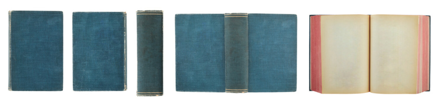 Set of ancient books shown from different sides, including closed and open books, isolated on transparent background. Vintage historical book for literature, education and history concepts