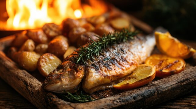 Whole grilled fish with rosemary and lemon slices served with roasted baby potato on wooden board near fire flame in rustic setting