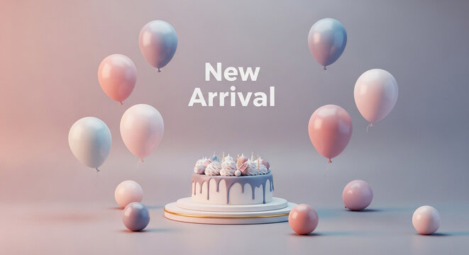 New Arrival Cake Banner, 3D Sweet Celebration Design, Pastel Balloons Background, White Icing Dessert Display