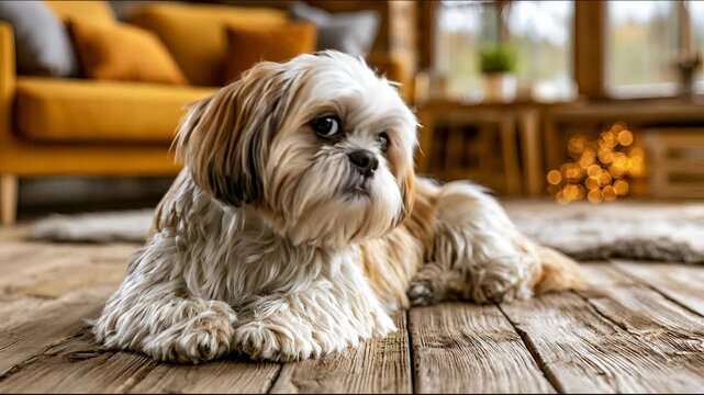 Cute Cute Dog Lying down on Wooden Floor Indoors Cozy Home Environment