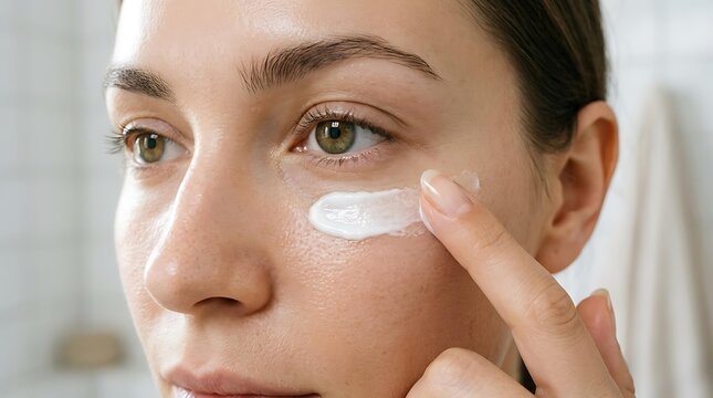 Close up of a beautiful woman applying skincare cream under her eyes for her daily skincare cream regimen, showing healthy glowing skin texture with moisturizing skincare cream.