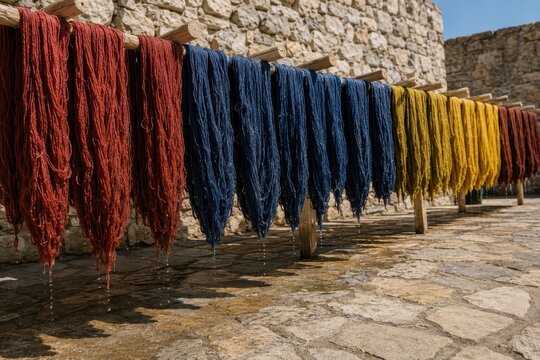 Dyed wool skeins drying on poles above a stone yard