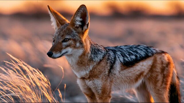Close Up Portrait of Jackal Wild Dog in Golden Sunset Light Outdoor Nature