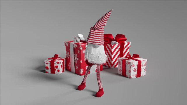 3D loop animation of Santa elf with presents in snowfall winter celebration background.