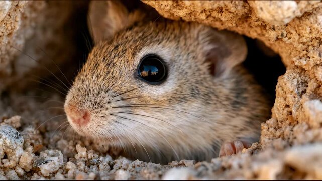 Macro Portrait of Cute Small Wild Rodent Looking Out From Burrow Hole