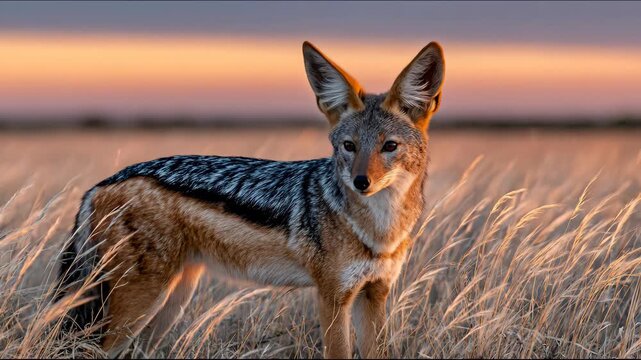 Close Up Portrait of Jackal Wild Dog in Golden Sunset Light Outdoor Nature