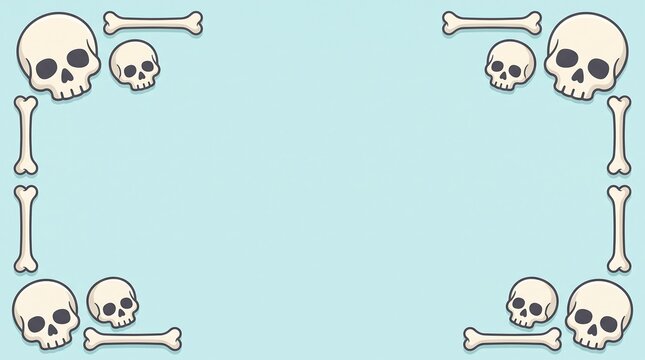 A border frame of cartoon skulls and bones on a light blue background, cute halloween themed with empty space for text or seasonal party invitations