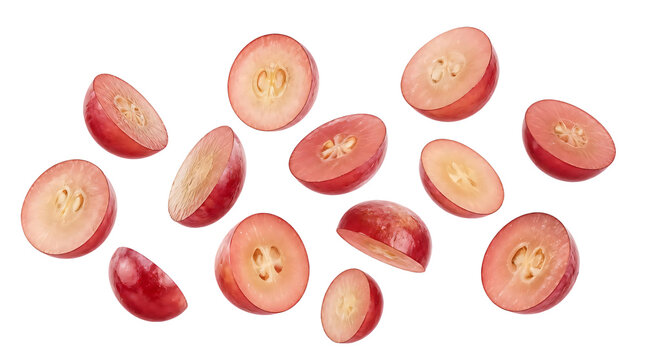 Flying red grapes slices isolated on transparent background