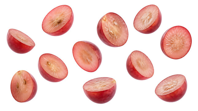 Flying red grapes slices isolated on transparent background