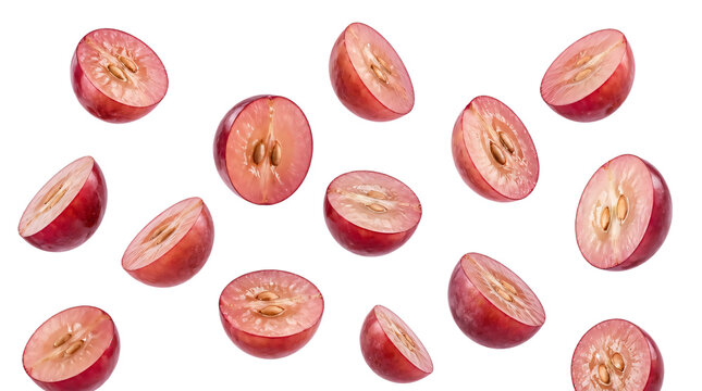 Flying red grapes slices isolated on transparent background