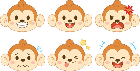 Naklejka premium collection of adorable monkey icon vector, cute monkey with various expression, nervous, mad, angry, upset, unhappy, furious, sweat, tongue out, laugh, big grin, smile illustration