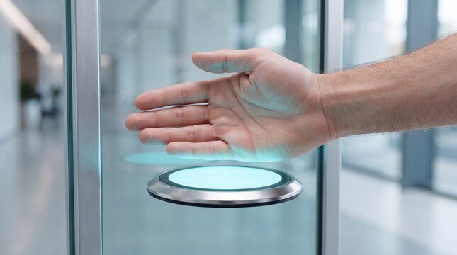 Person's hand hovering over a glowing blue circular touch sensor on a glass door in a ad social media download thambnail poster web template event festival 2026 2027 2028