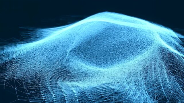 Illuminated blue wireframe mesh forming diagonal crest over dark backdrop, with network, mesh, wireframe, grid detail, showing line, node, point, filament context