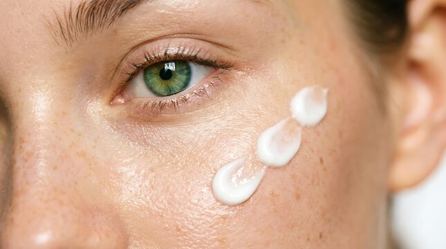 Macro shot of woman applying skincare product on face, natural freckled skin with skincare cream dots, professional skincare treatment for healthy glow and anti-aging.