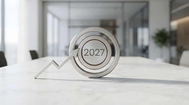 A metallic target symbol with the year 2027 engraved in the center, featuring an upward pointing arrow resting on a clean, modern white marble office table.