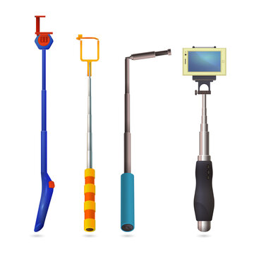 Four colorful selfie sticks for smartphone photography on transparent background