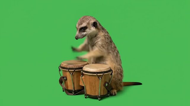 Meerkat playing bongo drums on green screen background