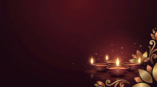 Burgundy and Gold 3D Vector Diwali Diya Greeting Background