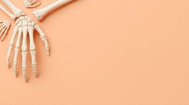 Human skeleton hand and forearm model on peach background
