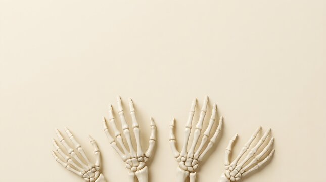 Human skeleton hands with fingers spread out on plain background