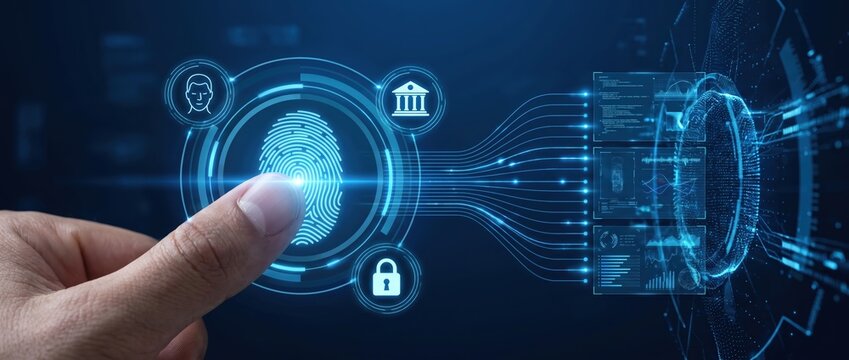 Detailed view of a fingerprint scanning interface featuring digital security symbols and data streams illustrating the concept of biometric authentication technology