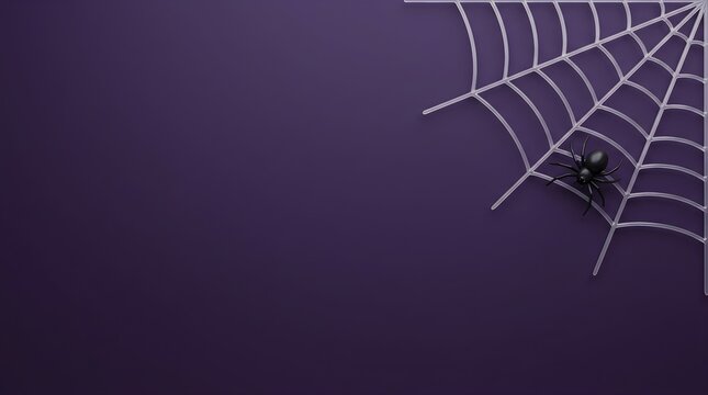 Black spider sitting in a white web against dark background